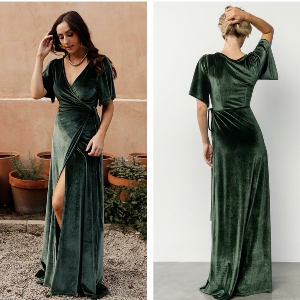 Baltic Born Meghan Velvet Wrap Dress Womens XS Emerald Green Crushed Velvet